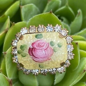 C. 1940’s Vintage Yellow Guilloche Enamel Brooch with Rhinestones